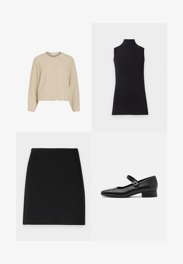 Beige, struktureret cardigan med rund hals og knaplukning, lavet af blødt, fuzzy stof og med ribbede manchetter. Korthofte design.; Sort ærmeløs turtleneck top, lavet af glat stof. Figurtilpasset design med høj hals og lige kant, minimalistisk og ensfarvet.; Sort nederdel med et simpelt design, der har en glat tekstur og et tætsiddende liv. Inkluderer en sidelomme for ekstra funktionalitet.; Sorte læder Mary Jane-sko med en patenttå, justerbar ankelrem og lav blokhæl. Glat tekstur og strømlinet design.