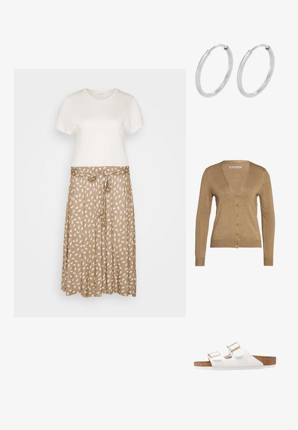 Cardigan marron en tissu doux, avec un col en V, des manches longues et six boutons devant. Design simple avec des poignets et un ourlet à côtes.; LASCANA TUPFEN - Robe en jersey - taupe-creme; Sandales en caoutchouc blanches avec deux sangles réglables, boucles dorées et semelle intérieure en liège marron. Semelle texturée pour une meilleure adhérence, design minimaliste.; Boucles d'oreilles en argent, de forme circulaire, avec une texture lisse et brillante, et une largeur constante. Design minimaliste sans accents supplémentaires.
