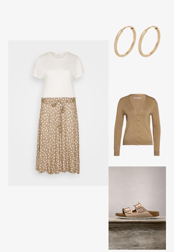 Cardigan marron en tissu doux, avec un col en V, des manches longues et six boutons devant. Design simple avec des poignets et un ourlet à côtes.; LASCANA TUPFEN - Robe en jersey - taupe-creme; Sandales à glissière en or rose avec deux boucles en métal ajustables, semelle en liège et semelle en caoutchouc blanche. Fini métallique lisse, design ouvert. ; Boucles d'oreilles en or en forme de créoles, avec une finition lisse et polie. Forme arrondie, de taille moyenne, dotées d'un mécanisme de fermeture sécurisé.