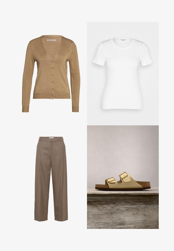 Cardigan marron en tissu doux, avec un col en V, des manches longues et six boutons devant. Design simple avec des poignets et un ourlet à côtes.; T-shirt en coton blanc avec des manches courtes, un col rond et une texture côtelée. Design ajusté avec une finition lisse et nette.; Pantalon marron sur mesure avec une coupe droite, devant plissé et passants pour ceinture. Confectionné dans un tissu texturé avec un léger brillant.; Sandales en cuir vegan doré avec deux brides réglables, bride en liège et semelle en caoutchouc noir. Texture lisse avec finition métallique.