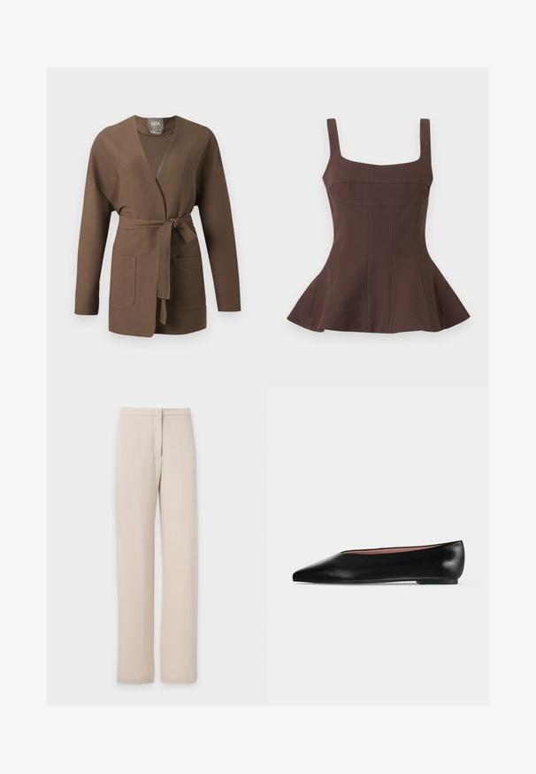 Brown ribbed knit cardigan with long sleeves, open front, two pockets, and a tied waist belt.; Brown sleeveless peplum top with square neckline and fitted bodice, featuring vertical seam detailing and flared hem.; Beige straight-leg trousers with a high waist, button closure, and subtle front seam details on a plain background.; Black leather women's flat shoe with pointed toe and low heel, shown from side on plain light gray background.