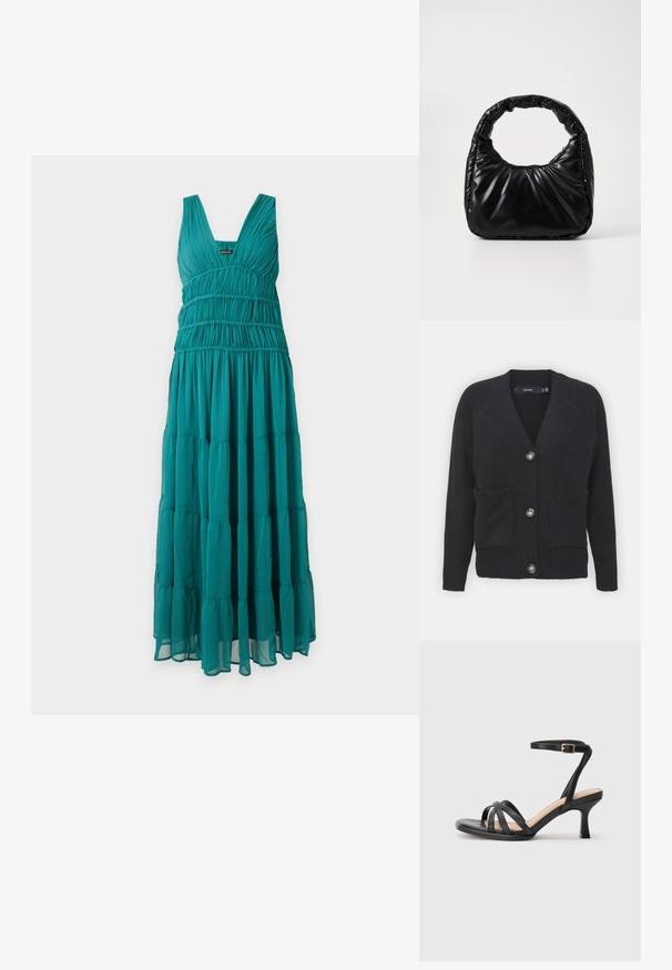 Sort cardigan lavet af blødt strikket stof, der har en V-hals, ribbede ærmer, frontlommer og fire store knapper.; Ærmeløs teal maxi-kjole med dyb V-udskæring og samlet, lagdelt stofdesign på korset og nederdel.; Sorte høje hæle sandaler med flere tynde stropper over tæerne, en enkelt ankelstrop med en gylden spænde og en firkantet tå.; Sort polstret håndtaske med et rundt håndtag, der har en glat, skinnende overflade og en blød, kviltet tekstur. Ingen synlige hardware eller accenter.