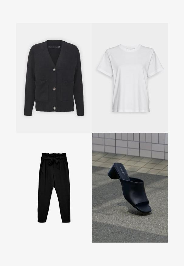 Cardigan noir en tissu tricoté doux, présentant un col en V, des poignets côtelés, des poches avant et quatre grands boutons.; T-shirt en coton blanc à manches courtes, col rond et coupe décontractée. Texture lisse, sans motifs ni graphiques, design basique.; Pantalons noirs taille haute avec ceinture à nouer, présentant une texture douce et lisse et deux poches latérales ; design à jambe fuselée.; Mule en cuir noir à bout ouvert avec talon bloc, positionnée sur l'asphalte près d'une surface carrelée en arrière-plan.