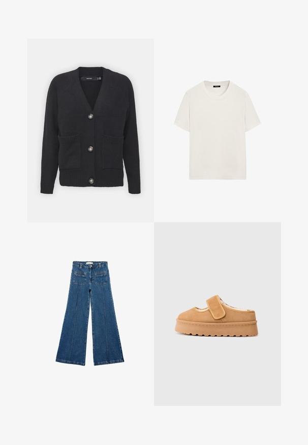 Sort cardigan lavet af blødt strikket stof, der har en V-hals, ribbede ærmer, frontlommer og fire store knapper.; Enkelt hvid T-shirt med korte ærmer og rund hals, afslappet pasform, vist mod en hvid baggrund.; Bredde ben blå denim jeans med høj talje, knaplukning, to baglommer og synlige sømme langs frontens sømme.; Brune ruskind slip-on sko med velcrorem, rund tå og tyk platformsål med struktureret gummitræd.
