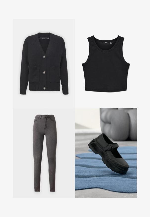 Sort cardigan lavet af blødt strikket stof, der har en V-hals, ribbede ærmer, frontlommer og fire store knapper.; Sort cropped tank top lavet af ribbet stof. Har brede stropper og en rund halsudskæring med en tætsiddende pasform.; Høj talje, slim fit mørkegrå denim jeans med for- og baglommer, knaplukning og synlige syningsdetaljer.; Sort Mary Jane-stil sko med tyk ribbet sål og spænde, hvilende på tekstureret blåt tæppe med sløret baggrund.