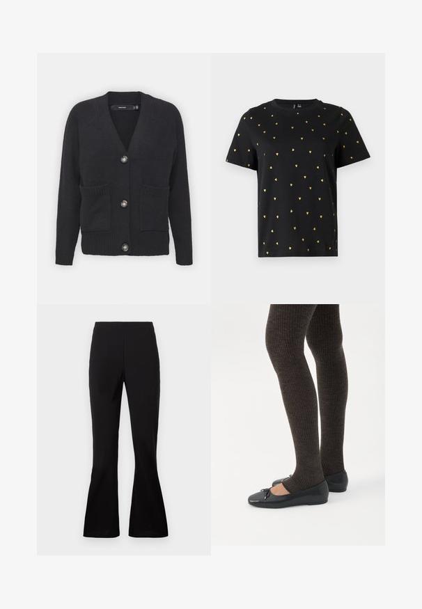 Cardigan noir en tissu tricoté doux, présentant un col en V, des poignets côtelés, des poches avant et quatre grands boutons.; T-shirt noir à manches courtes en coton, arborant de petits motifs en forme de cœur doré répartis uniformément sur le tissu. Col rond.; Pantalon noir évasé en tissu lisse. Présente une taille haute et une silhouette ajustée qui s'élargit à l'ourlet.; Jambes portant des leggings côtelés foncés associés à des ballerines noires avec de petits détails en nœud sur fond blanc.