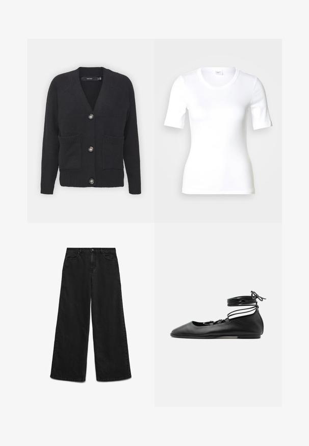Cardigan noir en tissu tricoté doux, présentant un col en V, des poignets côtelés, des poches avant et quatre grands boutons.; T-shirt blanc à manches courtes en coton lisse, doté d'un col rond et d'une coupe ajustée. Design classique, sans motifs ni accents.; Pantalon en jean noir à jambes larges avec fermeture boutonnée et zip à l’avant, poches avant et coutures visibles sur fond blanc.; Chaussure de ballet plate en cuir noir avec un bout pointu, plusieurs fines brides sur le dessus et des lacets enroulés autour de la cheville.