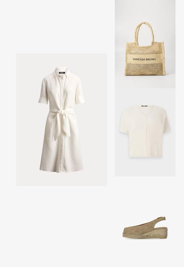 Cardigan à manches courtes, boutonné, en crème, avec un col en V et un tissu tricot léger texturé. Boutons lisses sur le devant.; Robe chemise en lin blanc avec col, manches courtes et un détail de nouage à la taille. Présente un devant à boutons.; Castañer DOSALIA - Espadrilles - sand; Sac fourre-tout tissé beige avec deux poignées et "VANESSA BRUNO" imprimé en noir sur un panneau tissé solide au centre.