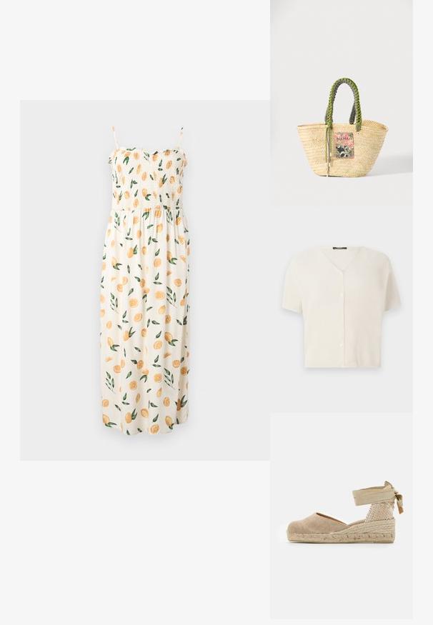 Cardigan à manches courtes, boutonné, en crème, avec un col en V et un tissu tricot léger texturé. Boutons lisses sur le devant.; Robe maxi avec un corsage smocké, des bretelles spaghetti et un fond crème, arborant un motif d'orange tranchée et de feuilles vertes.; Espadrille beige avec une tige en toile, un talon texturé tissé et une semelle en jute tressé ; dispose d'une bride à la cheville pour un maintien sécurisé.; Sac cabas en paille beige tissée avec des poignées tressées vertes et noires et un patch rectangulaire coloré à l'avant.