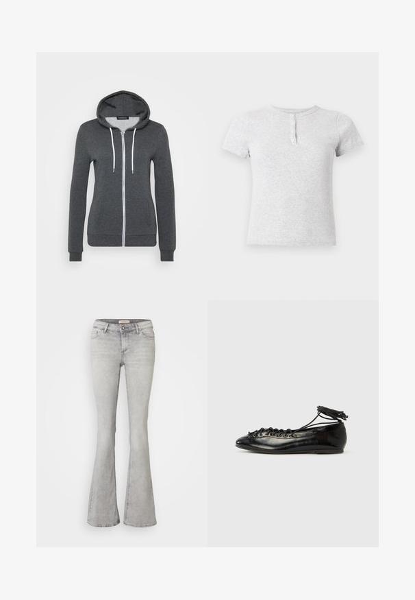 Grå zip-up hættetrøje lavet af blødt stof, med hætte, hvide snore og to frontlommer. Stramme mansjetter og kant.; Lysegrå T-shirt med korte ærmer, rund hals og tre-knaps lukning foran.; Grå denim jeans med flared ben, tætsiddende talje, fem lomme-design og let slidte områder. Med knaplukning og syet kant.; Sorte balletflade sko i laklæder med rundet tå, snørelukning og flad sål. Glat tekstur med få detaljer.