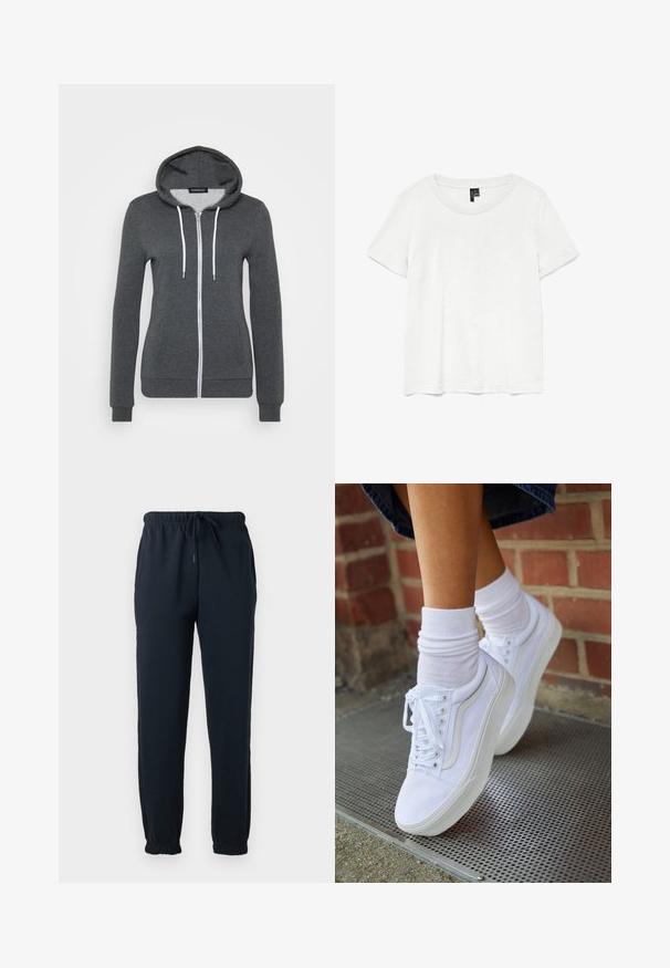 Grijze zip-up hoodie van zacht materiaal, met een capuchon, witte trekkoorden en twee voorzakken. Aansluitende boorden en zoom.; Witte t-shirt met korte mouwen en een ronde hals, gemaakt van lichte stof. Eenvoudig ontwerp, gladde textuur en rechte zoom.; Zwarte joggingbroek met elastische tailleband, trekkoord, zijzakken en elastische boorden bij de enkels.; Witte canvas sneakers met rubberen zolen, voorzien van zes vetertjes, een ronde neus en lichte stikdetails, gecombineerd met witte enkelsokken.