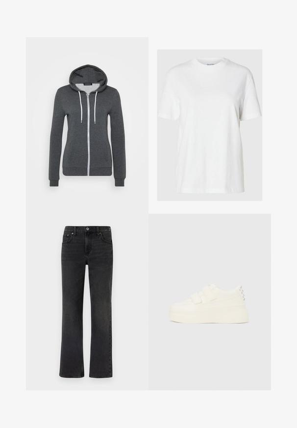 Grijze zip-up hoodie van zacht materiaal, met een capuchon, witte trekkoorden en twee voorzakken. Aansluitende boorden en zoom.; Witte katoenen t-shirt met korte mouwen en een ronde halslijn. Heeft een relaxte pasvorm en een minimalistisch ontwerp zonder patronen of accenten.; Zwarte denim broek met een rechte pasvorm, vijf zakken en zichtbare stiksels. De stof heeft een zachte textuur met een vervaagde afwerking.; Witte platform sneaker met dubbele klittenbandsluitingen en zilverkleurige studs op de hiel, zijdelings getoond tegen een effen achtergrond.
