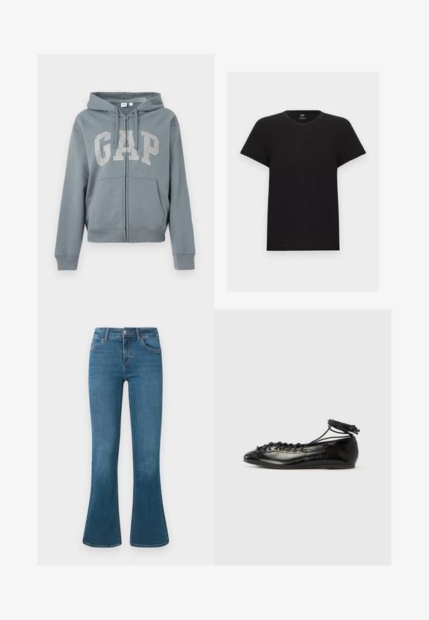 Sudadera con capucha gris con cremallera, bolsillos delanteros y capucha, con la palabra "GAP" en grandes pedrería blanca en el pecho.; Camiseta negra de algodón de manga corta con cuello redondo, vista frontal, diseño liso, etiqueta de la marca GAP en el interior del cuello.; Jeans de mezclilla azul de corte acampanado con una cintura de media altura, diseño de cinco bolsillos y un sutil detalle de costura. Textura suave con un lavado clásico.; Zapatos planos tipo ballet de charol negro con punta redondeada, diseño con cordones y suela plana. Textura lisa con detalles mínimos.