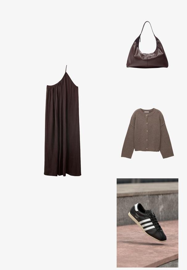 Bruine gebreide cardigan met een ronde halslijn, lange dolmanmouwen en vijf knopen aan de voorkant. Geribbelde zoom en manchetten. Zachte textuur.; Donkerbruine maxijurk met één schouder, een dun bandje en geplooide stof bij de halslijn tegen een witte achtergrond.; Zwarte leren sneaker met witte strepen en zool, veters gestrikt, zwevend boven een rozeachtig betonnen oppervlak met een grijze stenen muur op de achtergrond.; Donkere bruine leren schoudertas met een enkele riem en een ritssluiting aan één kant, zachte slungelige structuur en een gladde textuur.