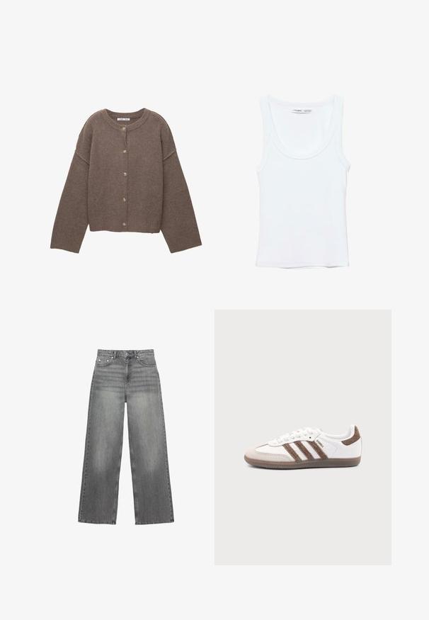 Brun strikket cardigan med rund halsudskæring, lange dolmanærmer og fem knapper ned foran. Ribbet kant og ærmegab. Blød tekstur.; Hvid, ærmeløs top med rund halsudskæring, lavet af blødt stof. Mærkat indeni kraven viser mærke og størrelsesoplysninger.; Grå brede jeans lavet af denim, med en mellemhøj talje, fem lommer og subtil falmning på benene.; Hvid Adidas Samba sneaker med brune ruskindstriber, brun gummisål og beige ruskindståhætte, vist fra ydersiden på en ensfarvet baggrund.