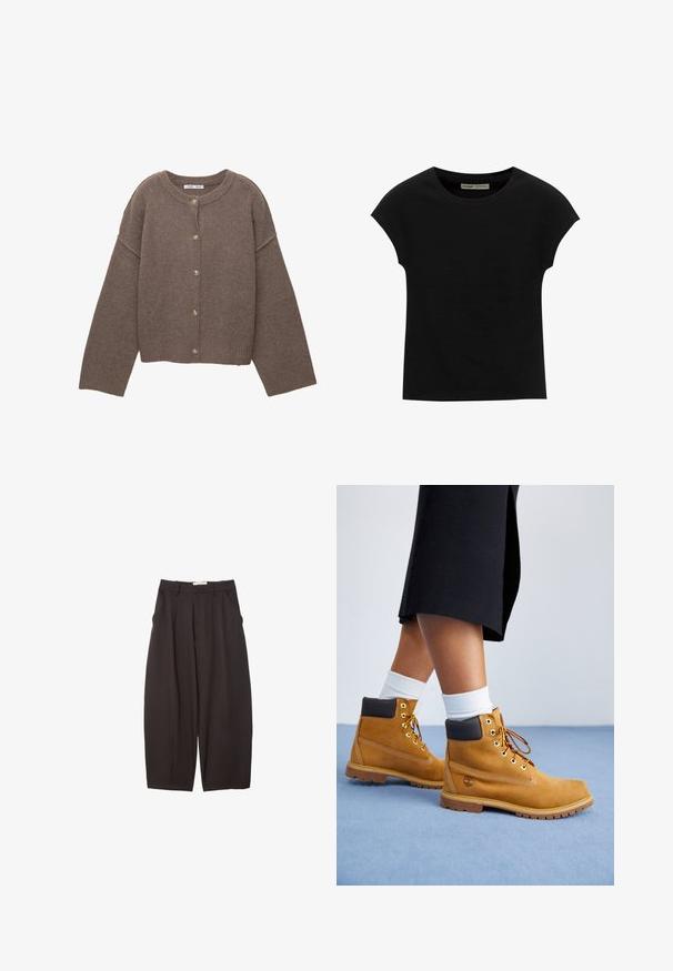 Brun strikket cardigan med rund halsudskæring, lange dolmanærmer og fem knapper ned foran. Ribbet kant og ærmegab. Blød tekstur.; Sort T-shirt med korte ærmer og rund halsudskæring. Fremstillet af glat, elastisk bomuldsstof. Simpelt design uden mønstre eller grafik.; Sorte brede bukser lavet af et glat stof, med høj talje, forfaldne folder og sidelommer. Simpelt design uden udsmykninger.; Tan ruskindsankelstøvler med brune læderdetaljer, guldøjer og en struktureret sål. Hvide sokker synlige over støvlerne.