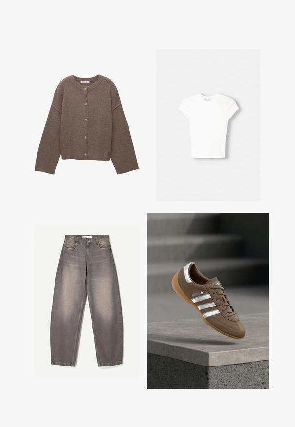 Cardigan marron tricoté avec un col rond, des manches longues dolman et cinq boutons sur le devant. Ourlet et poignets côtelés. Texture douce.; T-shirt blanc à manches courtes en coton doux, avec un col rond et une coupe ajustée. Pas de motifs ni d'ornements visibles.; Jeans gris ample en denim, avec un léger délavage, un design à cinq poches, des passants de ceinture et une fermeture à bouton à la taille.; Baskets en daim marron avec des rayures blanches et des accents argentés, dotées d'une tige texturée, d'un système de laçage et d'une semelle en caoutchouc gomme.