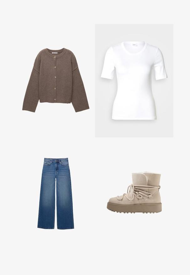 Brun strikket cardigan med rund halsudskæring, lange dolmanærmer og fem knapper ned foran. Ribbet kant og ærmegab. Blød tekstur.; Hvid T-shirt med korte ærmer lavet af glat bomuld, med rund halsudskæring og en tætsiddende pasform. Klassisk design uden mønstre eller detaljer.; Vidde-ben denimjeans i en mellemblå vask, med høj talje, fem-lomme design og syningsdetaljer langs sømmene.; Beige ruskindsankelstøvle med en tekstureret overflade, rund tå og tyk gummisål. Har snørebåndsdesign og polstret krave.