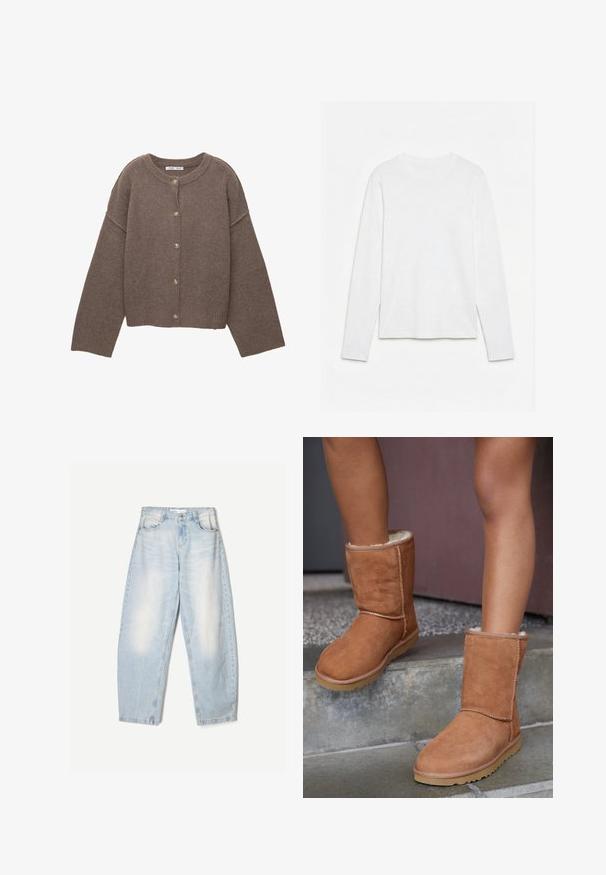 Bruine gebreide cardigan met een ronde halslijn, lange dolmanmouwen en vijf knopen aan de voorkant. Geribbelde zoom en manchetten. Zachte textuur.; Effen wit, langarmig shirt met ronde hals, plat neerligt op een witte ondergrond, waarbij de voorkant en de volledige mouwlengte zichtbaar zijn.; Lichtblauwe denim jeans met een losse pasvorm, voorzien van een vervaagde afwerking, twee voorzakken en een knoopsluiting bij de taille.; Bruine suède enkellaarsjes met een ronde neus, zachte voering en een rubberen zool, met zichtbaar stiksel langs de naden.