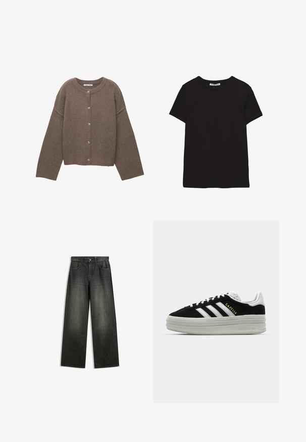 Brun strikket cardigan med rund halsudskæring, lange dolmanærmer og fem knapper ned foran. Ribbet kant og ærmegab. Blød tekstur.; Sort kortærmet t-shirt i bomuld med rund halsudskæring, standard pasform og synlig indvendig halsmærkat.; Bredde ben jeans i mørkegrå denim med en falmet finish, fem-lomme design og en knaplukning i taljen.; Sort ruskind sneaker med hvide læderdetaljer, tre hvide striber, flade snørebånd og en tyk grå platformsål. Guldfarvet "Gazelle" branding.