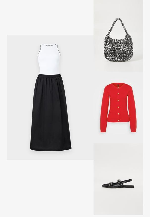 Cardigan tricoté rouge avec des manches longues, un col rond et six boutons dorés. Il dispose de deux poches avant avec des poignets et un ourlet côtelés.; Haut blanc ajusté sans manches avec finition noire, associé à une longue jupe noire taille haute avec une ceinture élastique.; Even&Odd by Zalando Ballerines à brides arrière - black; Sac en osier noir et blanc de forme arrondie, avec une surface texturée et une poignée tressée. Convient à un usage décontracté.