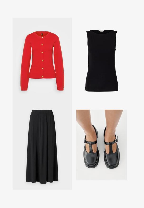 Cardigan tricoté rouge avec des manches longues, un col rond et six boutons dorés. Il dispose de deux poches avant avec des poignets et un ourlet côtelés.; Haut noir sans manches, cintré, avec encolure ronde et étiquette de marque blanche à l'intérieur du col.; Jupe maxi noire en tissu lisse, dotée d'une large taille élastiquée et d'une silhouette droite avec un léger drapé.; Chaussures en cuir noir avec un design à bride en T, bout fermé et accents de boucles argentées. Texture lisse avec un bout arrondi et une semelle plate.