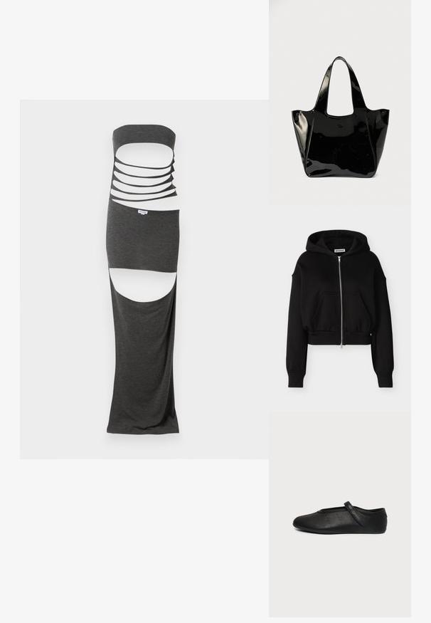 Sweat à capuche court noir avec fermeture éclair, manches longues, poches kangourou à l'avant, ourlet et poignets côtelés, et une capuche attachée.; Robe maxi découpée en tissu gris foncé, dotée d'un design sans bretelles avec plusieurs découpes horizontales et fentes sur les côtés. Texture lisse.; Chaussure plate Mary Jane en cuir noir avec une bride unique et de petits points perforés sur le côté, présentée sur un fond gris clair uni.; Sac cabas en cuir verni noir brillant avec de larges anses et un petit logo ovale sur le devant, présenté sur un fond uni.