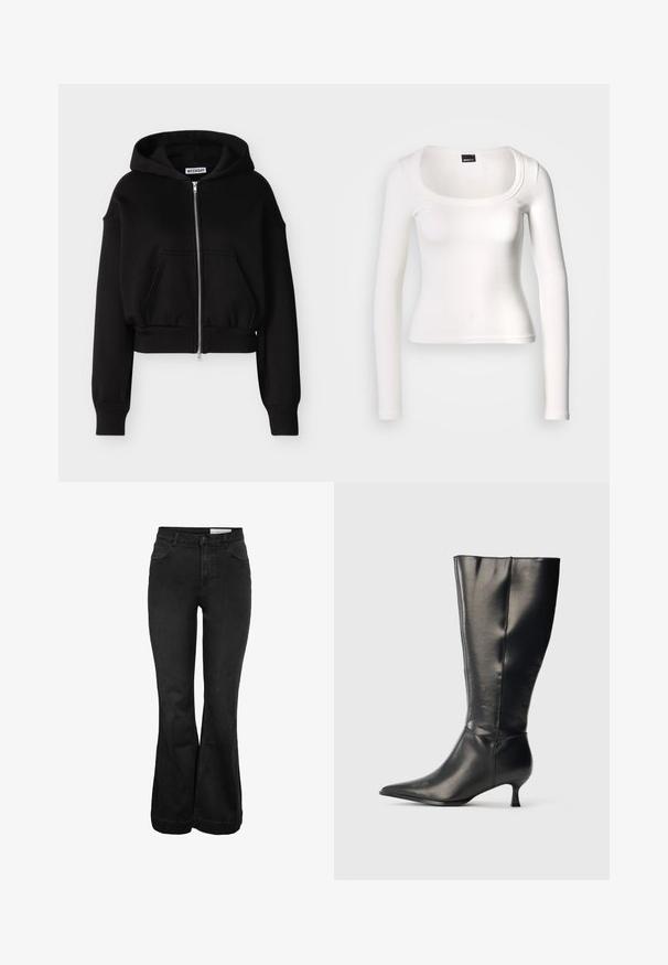 Sweat à capuche court noir avec fermeture éclair, manches longues, poches kangourou à l'avant, ourlet et poignets côtelés, et une capuche attachée.; Haut blanc à manches longues avec un col arrondi. Confectionné en tissu côtelé, il présente une coupe ajustée et une texture lisse avec une finition sans coutures.; Jeans noirs évasés taille haute avec fermeture à boutons et zip, poches avant et petite poche, et passants pour ceinture.; Botte en cuir noire montant jusqu'au genou, avec un bout pointu et un petit talon bas, présentée sur un fond clair uni.