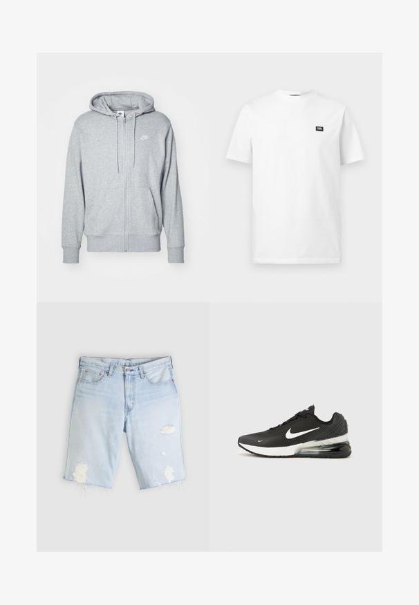 Grau zip-up Hoodie aus weichem Stoff mit einer Kängurutasche, teilschnürbare Kapuze und einem kleinen weißen Logo auf der Brust.; Weißes kurzärmliges Baumwoll-T-Shirt mit Rundhalsausschnitt und kleinem schwarzem rechteckigem Logo-Patch auf der linken Brust.; Hellblaue Denim-Shorts mit abgenutzten Stellen und ausgefransten Säumen, mit Vordertaschen, Gürtelschlaufen und Knopfverschluss.; Schwarzer Nike Air Max 270 Sneaker mit weißem Swoosh-Logo, weißer Zwischensohle und sichtbarem Luftpolster in der Ferse auf einfarbigem Hintergrund.