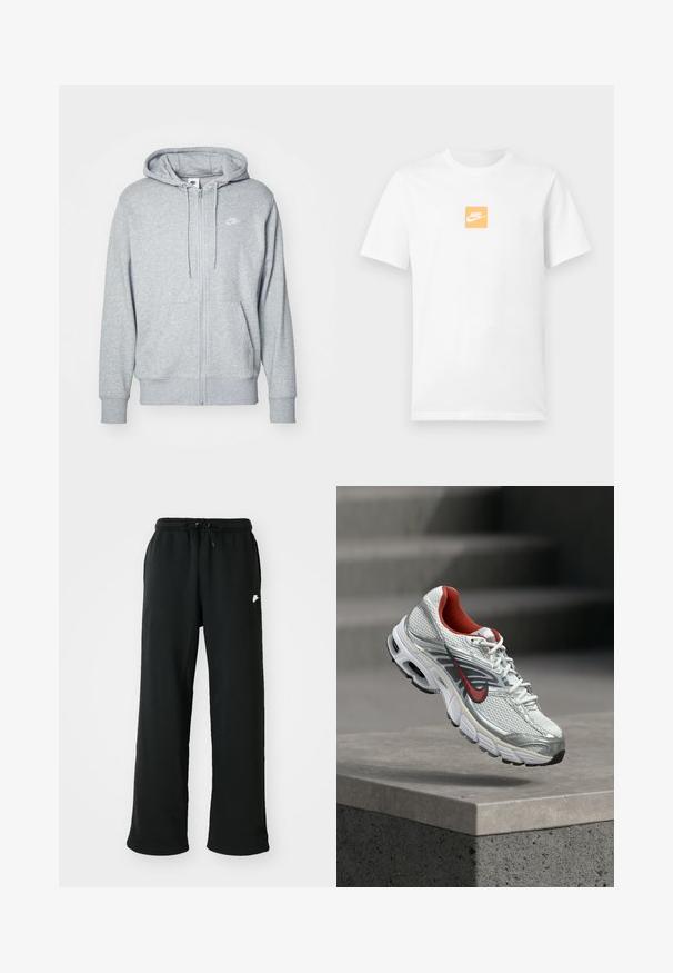 Grau zip-up Hoodie aus weichem Stoff mit einer Kängurutasche, teilschnürbare Kapuze und einem kleinen weißen Logo auf der Brust.; Weißes Kurzarm-T-Shirt aus Baumwolle mit kleinem orangefarbenem Quadrat auf der Brust, das das weiße Nike-Logo und den Swoosh zeigt.; Schwarze Jogginghose aus weichem Material, mit einem elastischen Bund und verstellbarem Kordelzug sowie einem kleinen Logo-Detail an der Seite.; Weißer und silberner Nike Laufschuh mit roten Akzenten, der über einer Betonbrüstung schwebt und seine Seiten- und Sohlen-Details zeigt.