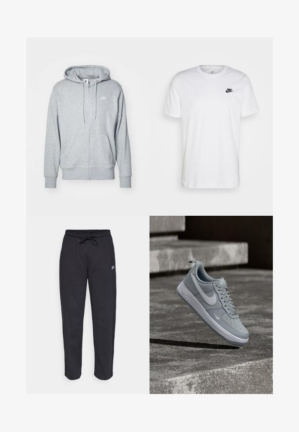 Grå zip-up hættetrøje lavet af blødt stof med en kangaroo-lomme, snørrelukning og et lille hvidt logo på brystet.; Hvid bomulds T-shirt med rund hals, korte ærmer og et sort Nike-logo på venstre bryst. Enkel, ensfarvet design.; Sorte sweatpants lavet af blødt stof med elastisk talje, snøre og et lille Nike-logo på venstre lår.; Grå Nike Air Force 1 sneaker med hvid Swoosh-logo, svævende over en tekstureret betonoverflade med trapper i baggrunden.