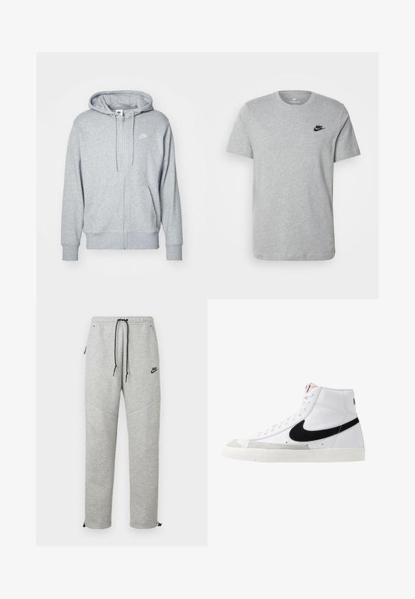 Grå zip-up hættetrøje lavet af blødt stof med en kangaroo-lomme, snørrelukning og et lille hvidt logo på brystet.; Grå kortærmet T-shirt i bomuld med et sort Nike-logo på brystet og rund halsudskæring. Minimalistisk design uden mønstre.; Grå Nike sweatpants med snøre i taljen, sidelommer og elastiske manchetter. Har en glat overflade og kontrastfarvet sort logo-detalje.; Hvide høje sneakers med et sort swoosh, struktureret grå tåhætte og flad hvid sål. Har seks snørrehuller og syede detaljer.