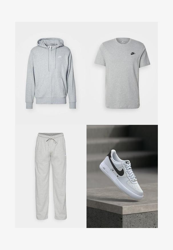 Grå zip-up hættetrøje lavet af blødt stof med en kangaroo-lomme, snørrelukning og et lille hvidt logo på brystet.; Grå kortærmet T-shirt i bomuld med et sort Nike-logo på brystet og rund halsudskæring. Minimalistisk design uden mønstre.; Lys grå sweatpants lavet af blødt stof. Har en elastisk talje med snøre og Nike-logo i sort på venstre lår.; Hvid Nike Air Force 1 sneaker med sort swoosh-logo, svævende over en betonforkant med slørede trapper i baggrunden.