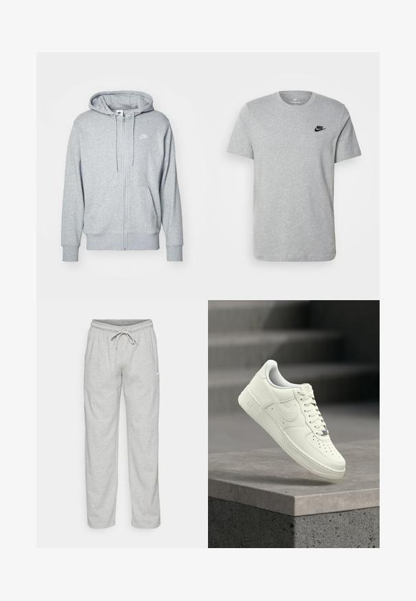 Γκρίζα ζακέτα με φερμουάρ φτιαγμένη από μαλακό ύφασμα, με καγκουρό τσέπη, κουκούλα με κορδόνι και ένα μικρό λευκό λογότυπο στο στήθος.; Γκρι κοντομάνικη μπλούζα φτιαγμένη από βαμβάκι, με μαύρο λογότυπο Nike στο στήθος και στρογγυλή λαιμόκοψη. Μινιμαλιστικός σχεδιασμός χωρίς μοτίβα.; Ανοιχτό γκρι φόρμες από απαλό ύφασμα. Διαθέτουν ελαστική ζώνη με κορδόνι και λογότυπο Nike σε μαύρο χρώμα στο αριστερό μηρό.; Άσπρο δερμάτινο αθλητικό παπούτσι με χαμηλό προφίλ, υφή επιφάνειας, οπές στην περιοχή των δακτύλων και ασημένιες λεπτομέρειες στα κορδόνια και το λογότυπο.