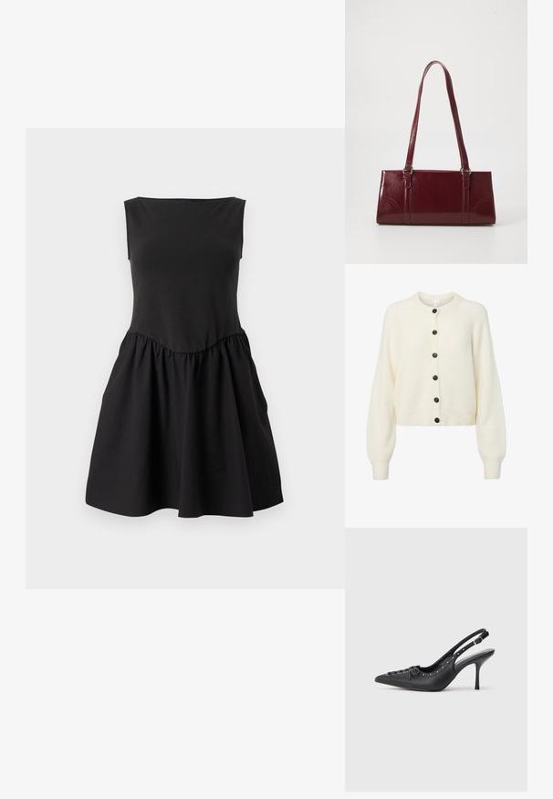 Cardigan doux blanc en tricot avec des manches longues, des bords côtelés aux poignets et à l'ourlet, et six boutons foncés sur le devant.; Robe noire sans manches avec un corsage ajusté et une jupe froncée et évasée, présentant une légère couture en forme de V à la taille.; Escarpin en cuir noir à talon aiguille avec un bout pointu, une bride latérale à boucle, des clous le long du bord et un laçage décoratif à l'avant.; Sac à main bordeaux en matériau brillant, de forme rectangulaire, avec deux anses et des accents légèrement courbés à l'avant.