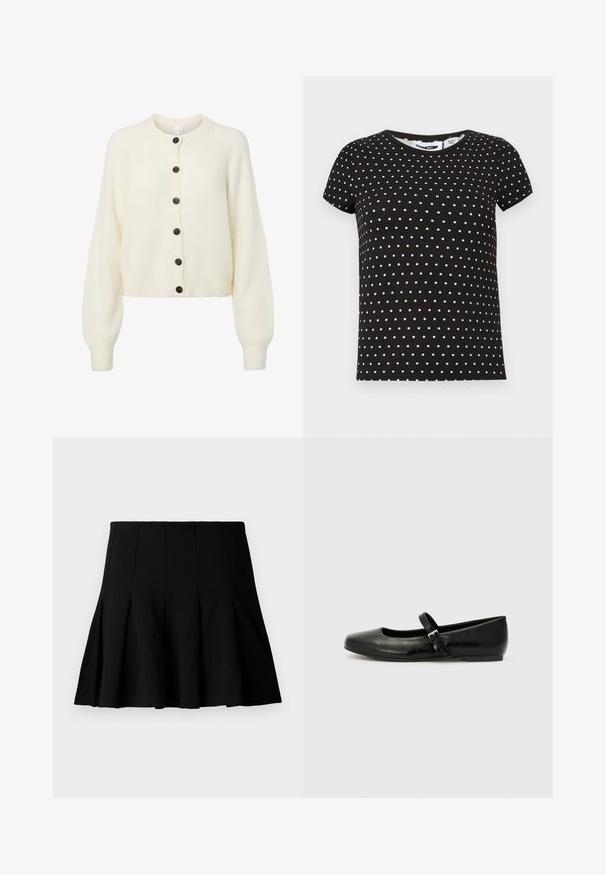 Blød hvid strikket cardigan med lange ærmer, ribbede manchetter og kant, samt seks mørke knapper ned langs midten foran.; Sort kortærmet t-shirt med hvide polkaprikker, rund halsudskæring og lige kant.; Sort kort plisseret nederdel lavet af et glat stof. Har en elastisk talje og en flagrende silhuet, der når til midten af låret.; Sorte læder balletflade med rund tå, flad sål og en tynd justerbar rem over svangen med en metalspænde.