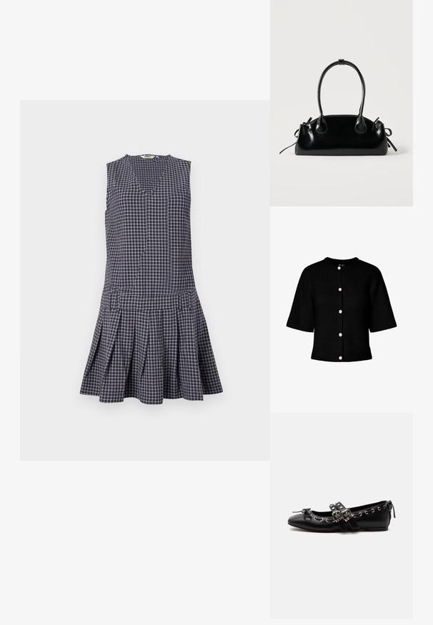 Cárdigan negro de punto con cuello redondo, mangas cortas y cinco botones rosas en la parte delantera. Presenta una textura acanalada.; Vestido de cuadros en navy con escote en V, diseño sin mangas, falda con plisados y cintura estructurada. Hecho de una tela ligera.; Zapato de ballet plano negro con correas de doble hebilla, ojales plateados y un pequeño lazo cerca de la puntera redondeada sobre un fondo blanco.; Pequeño bolso negro brillante con dos asas largas y detalles de cordón lateral sobre un fondo claro liso.