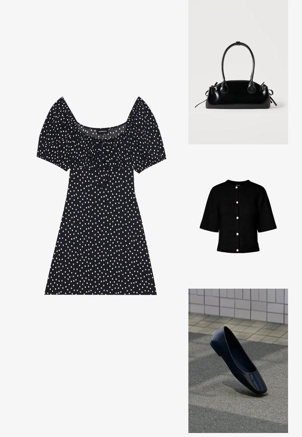 Schwarzer Strick-Cardigan mit rundem Ausschnitt, kurzen Ärmeln und fünf pinken Knöpfen vorne. Verfügt über eine gerippte Struktur.; Schwarzes kurzes Kleid mit weißen unregelmäßigen Polka-Dots, Puffärmel, quadratischem Ausschnitt und Frontbindedetail.; Schwarzer flacher Lederschuh steht aufrecht auf einer Asphaltfläche nahe dem Rand eines gefliesten Bürgersteigs.; Kleine schwarze glänzende Handtasche mit zwei langen Griffen und seitlichen Kordelzug-Details vor einfachem hellem Hintergrund.