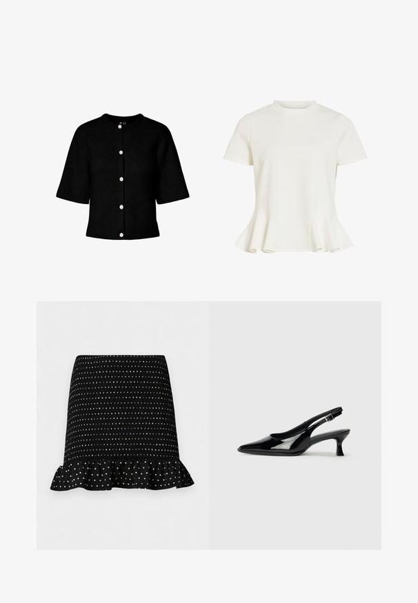 Cárdigan negro de punto con cuello redondo, mangas cortas y cinco botones rosas en la parte delantera. Presenta una textura acanalada.; Blusa blanca de manga corta con cuello redondo y bajo peplum acampanado, tela lisa y diseño sencillo y entallado.; Minifalda negra con lunares blancos, textura fruncida y dobladillo con volantes sobre un fondo claro y liso.; Zapatos de charol negro tipo slingback con punta afilada y tacón bajo. Correa ajustable con hebilla en el tobillo.