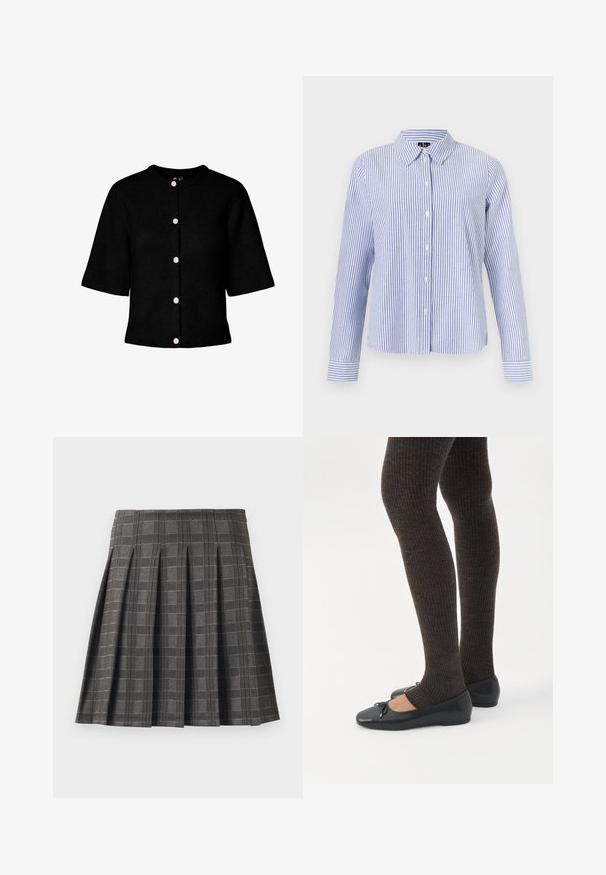 Cárdigan negro de punto con cuello redondo, mangas cortas y cinco botones rosas en la parte delantera. Presenta una textura acanalada.; Camisa de manga larga con botones, con rayas verticales blancas y azul claro y cuello puntiagudo, mostrada sobre un fondo liso.; Falda plisada en un patrón de cuadros grises, hecha de una tela texturizada. Presenta pliegues verticales y un dobladillo recto.; Piernas con leggings oscuros acanalados combinados con bailarinas negras que presentan pequeños detalles de lazo sobre un fondo blanco.