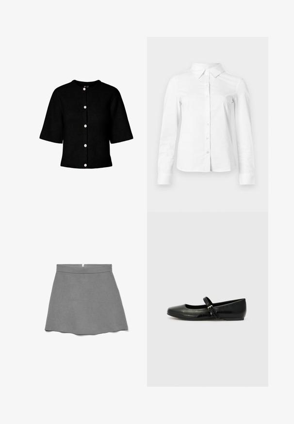 Cárdigan negro de punto con cuello redondo, mangas cortas y cinco botones rosas en la parte delantera. Presenta una textura acanalada.; Camisa blanca de manga larga con botones, cuello puntiagudo, bajo recto y silueta ajustada, presentada sobre un fondo claro y liso.; Falda gris hecha de tela suave, con cintura alta, forma acampanada y una cremallera oculta en la parte trasera.; Bailarinas de cuero negro con punta redondeada, suela plana y una delgada correa ajustable en el empeine que cuenta con una hebilla de metal.