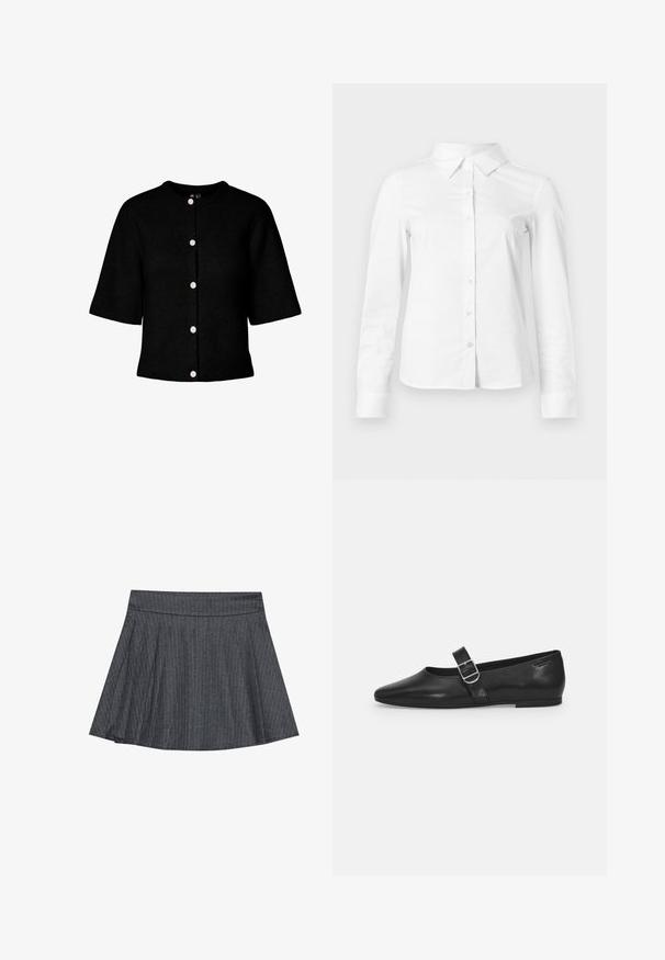 Schwarzer Strick-Cardigan mit rundem Ausschnitt, kurzen Ärmeln und fünf pinken Knöpfen vorne. Verfügt über eine gerippte Struktur.; Weißes langärmeliges Hemd mit spitzem Kragen, geradem Saum und taillierter Silhouette, auf hellem, einfarbigem Hintergrund dargestellt.; Grau gestreifter Skaterrock mit einem taillierten Bund, ausgestellter A-Linie und weichem Stoffmaterial. Vertikale Linien erhöhen das visuelle Interesse.; Schwarzer Lederflatschuh mit runder Zehenform, einem verstellbaren Schnallenriemen und einer glatten, glänzenden Oberfläche. Minimalistisches Design mit einem niedrigen Absatz.