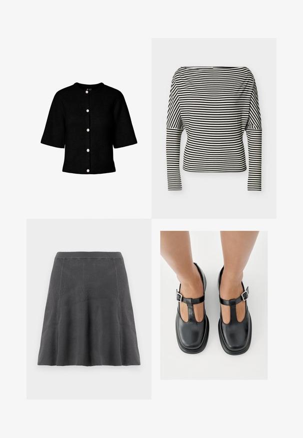 Zwarte gebreide cardigan met een ronde halslijn, korte mouwen en vijf roze knopen aan de voorkant. Heeft een geribbelde textuur.; Zwart-wit horizontaal gestreept shirt met lange mouwen, boothals en aansluitende mouwen op een effen achtergrond.; Grijze gebreide a-lijn rok met een geribbelde structuur, een aangesloten tailleband en een uitlopende zoom, biedt een glad silhouet en een casual ontwerp.; Zwarte leren schoenen met een T-bandontwerp, gesloten teensluiting en zilverkleurige gespdetails. Glad oppervlak met een ronde neus en platte zool.