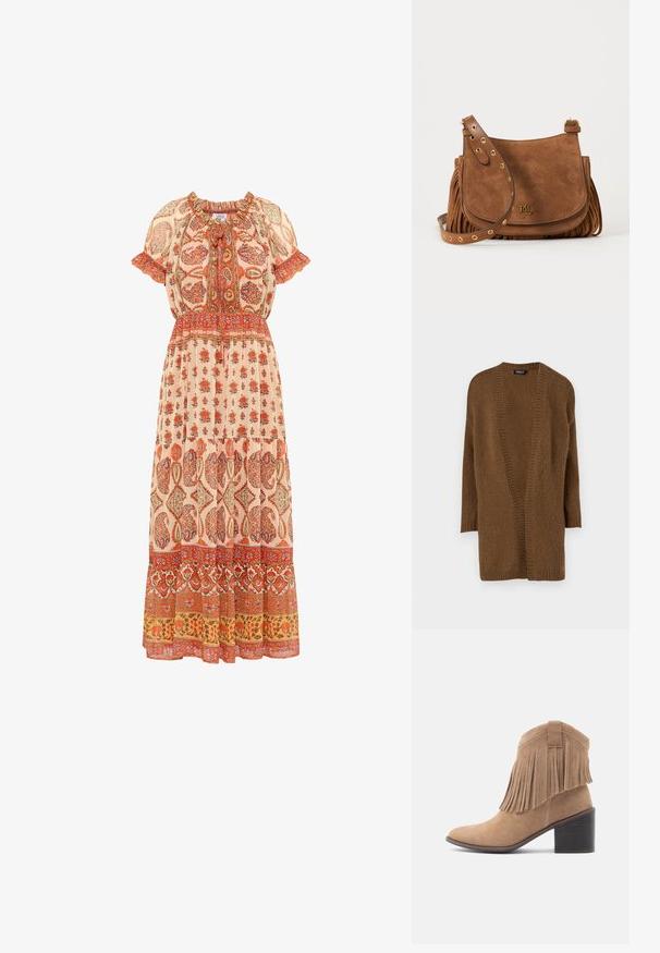 Cárdigan marrón de punto con un frente abierto, mangas largas y un patrón texturizado. Material suave y corte relajado. Sin cierres ni adornos.; Vestido maxi de tejido ligero con estampado floral en tonos rojos y naranjas, que presenta un escote fruncido, mangas cortas y un dobladillo en capas.; Bota de ante color tan con punta redondeada y parte superior con flecos. Cuenta con un tacón ancho de altura media y un diseño robusto con un detalle de asa en la parte trasera.; Bolso bandolera de ante marrón con ojales dorados en la correa ajustable, detalles de flecos en los laterales y pequeño logo dorado RLL en la solapa frontal.