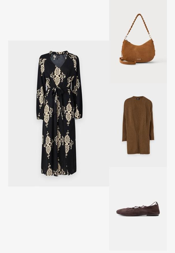 Brun strikket cardigan med åben front, lange ærmer og en struktureret mønster. Blødt materiale og afslappet pasform. Ingen lukninger eller pynt.; Sort kjole med lange ærmer, v-udskæring, indsnævret talje med bånd og gyldne abstrakte blomster mønstre. Blødt stof og ankellængde design.; Brun ruskind flad sko med spids tå og krydsede ankelremme, set fra siden mod en ensfarvet lys baggrund.; Brun ruskind skuldertaske med flettet håndtag, ekstra rem og lille rektangulær metal logo plade foran.