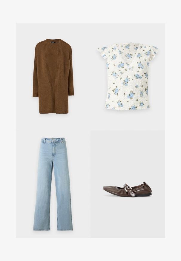 Brun strikket cardigan med åben front, lange ærmer og en struktureret mønster. Blødt materiale og afslappet pasform. Ingen lukninger eller pynt.; Hvid kortærmet bluse i blonder med blå blomsterprint, slå-om V-udskæring og lille sløjfedetalje midt foran.; Lyseblå højtaljede vidde jeans med forreste knap og lynlås, bæltestropper og uden synlige slidmærker.; Brun lakeret flad sko med spids tå, elastisk sløjfedetalje og en sølvspændeaccent på siden. Sort gummisål.