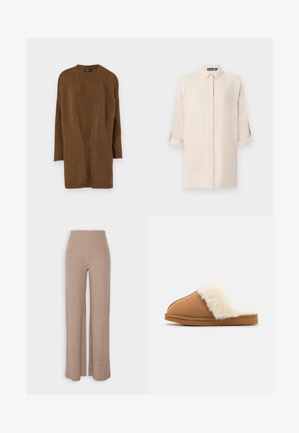 Brun strikket cardigan med åben front, lange ærmer og en struktureret mønster. Blødt materiale og afslappet pasform. Ingen lukninger eller pynt.; Lys beige skjorte med knaplukning, krave, opskruede ærmer og en glat tekstur. Har en lige pasform og frontknaplukning.; Beige ribbede vide bukser med høj talje og blød tekstur, der har en løs pasform og ingen synlige lukninger.; Brune ruskindslippers med en hvid faux fur manchet, lukket tå-design, flad sål og synlige syninger langs kanterne.