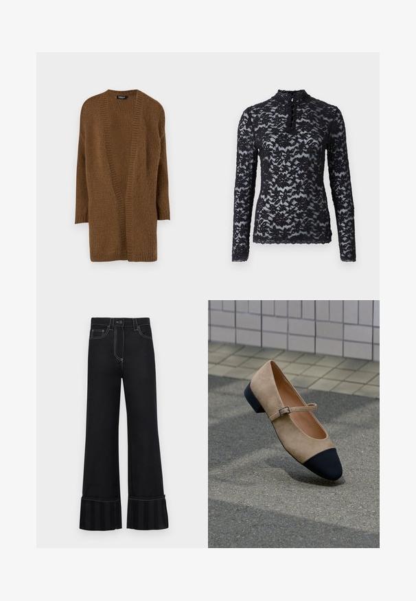 Brun strikket cardigan med åben front, lange ærmer og en struktureret mønster. Blødt materiale og afslappet pasform. Ingen lukninger eller pynt.; Rosemunde Langærmet T-shirt - black; Sorte flagrende bukser lavet af denim med kontrasterende hvid syning og et stribet stofaccent i kanten. Har frontlommer.; Beige ruskind Mary Jane-sko med sort afrundet snude og lille spænde, vist på en belagt udendørs overflade.