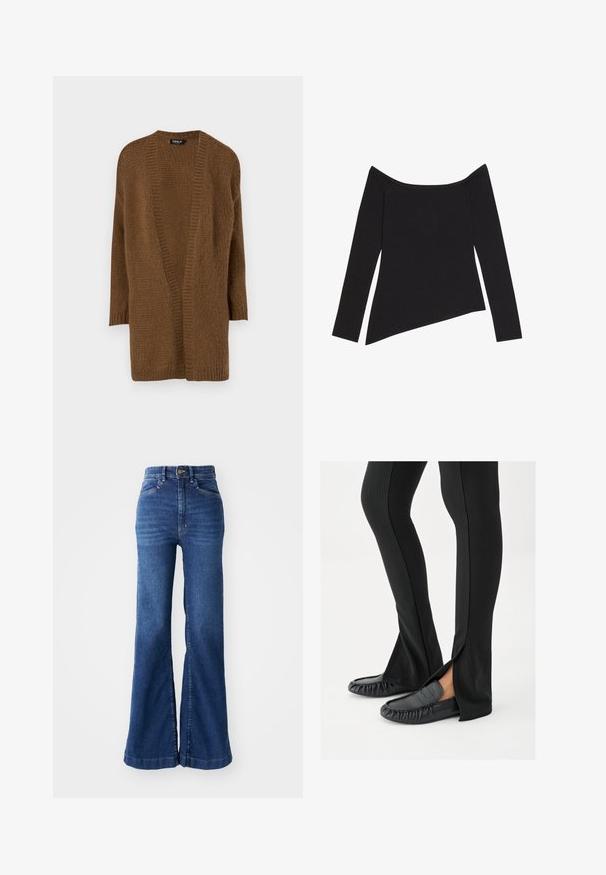 Brun strikket cardigan med åben front, lange ærmer og en struktureret mønster. Blødt materiale og afslappet pasform. Ingen lukninger eller pynt.; Sort off-the-shoulder langærmet top med ribbet tekstur og en asymmetrisk kant, der fremhæver et tætsiddende design og blødt materiale.; LOIS Jeans ESTEFANIA - Flared jeans - hypersoft deep sea; Ben iført sorte flagrende bukser med sideslids, kombineret med sorte lædermoccasins på en hvid baggrund.