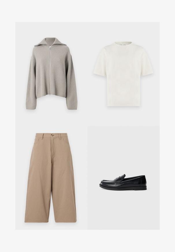 Pull en maille côtelée gris clair, zippé, avec un col évasé et des épaules tombantes. À noter un tissu texturé et une coupe cropped.; T-shirt blanc cassé uni à manches courtes et col rond, coupe décontractée, présenté sur un fond clair.; Pantalons larges kaki en coton, dotés d'une taille haute, de poches frontales et d'une fermeture à bouton unique. Texture lisse et coupe droite.; Mocassins en cuir noir avec un design d'accent cousu, bout rond, semelle plate en caoutchouc et finition lisse. Silhouette classique et polyvalente.